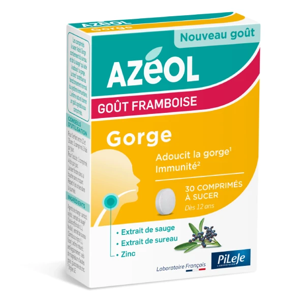 Azéol Gorge goût framboise Pileje - boîte de 30 comprimés à sucer