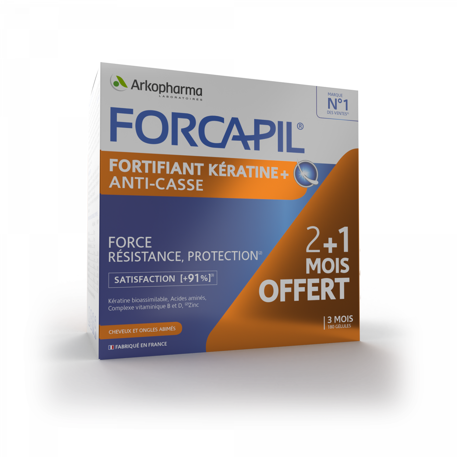 Fortifiant Kératine+ Forcapil Arkopharma - programme 3 mois 180 gélules