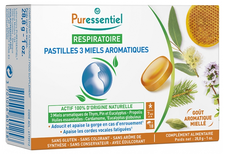 Pastilles 3 Miels Aromatiques Respiratoire Puressentiel - bo&icirc;te de 18 pastilles