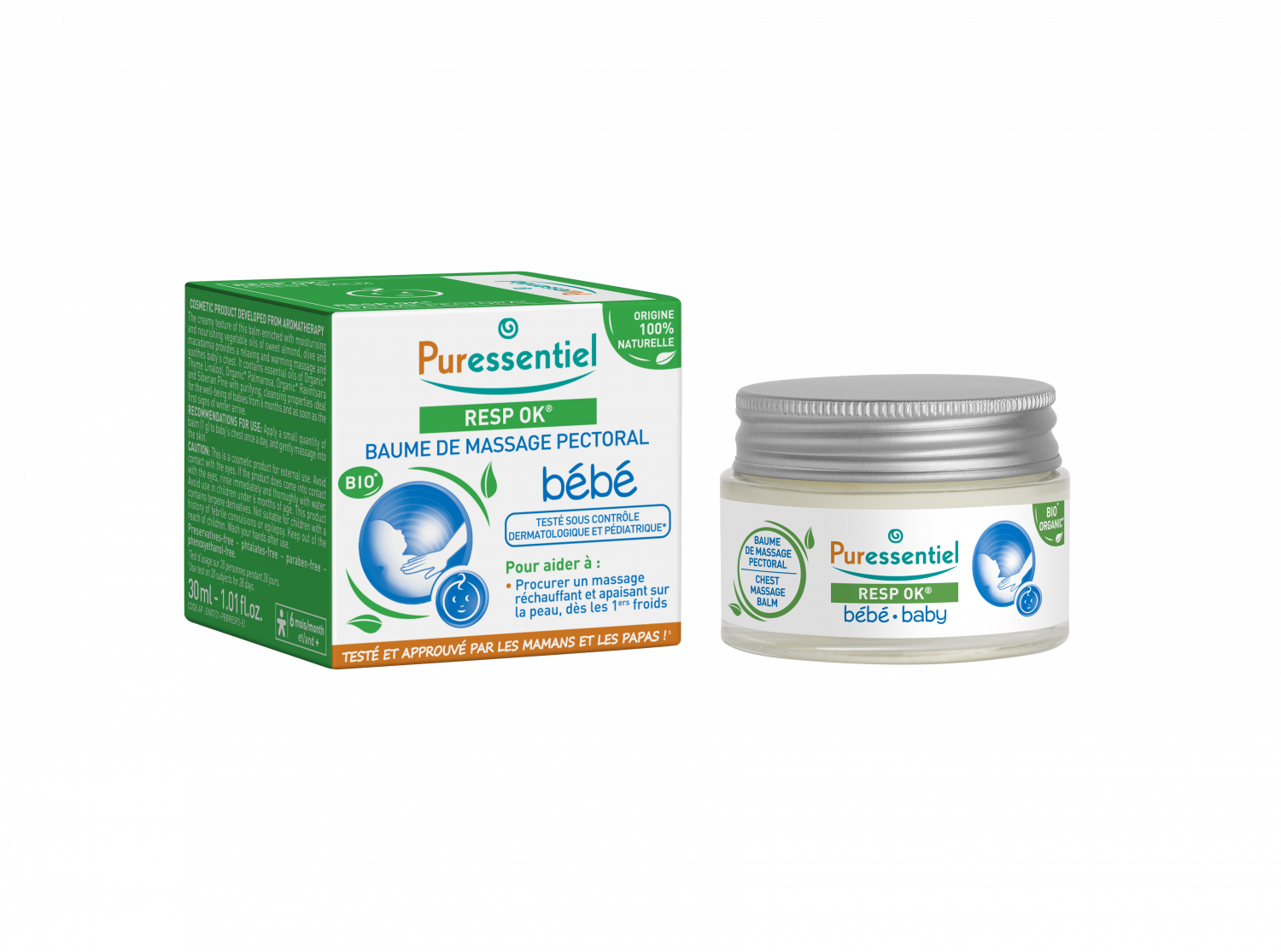 Resp Ok Baume de massage pectoral b&eacute;b&eacute; bio Puressentiel - pot de 30 ml