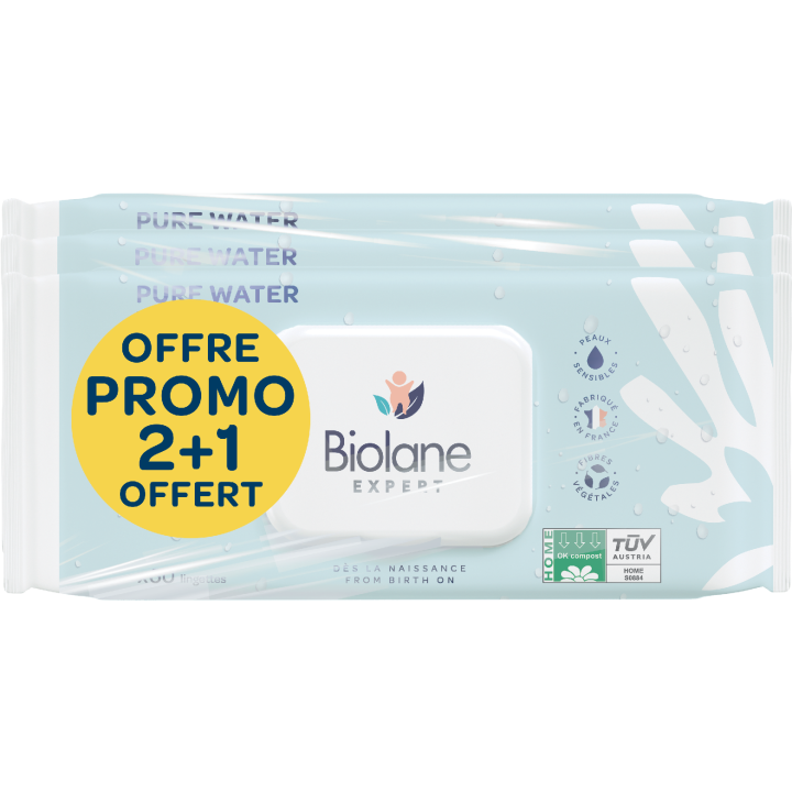 Lingettes Pure Water Biolane - lot de 3 x 60 lingettes