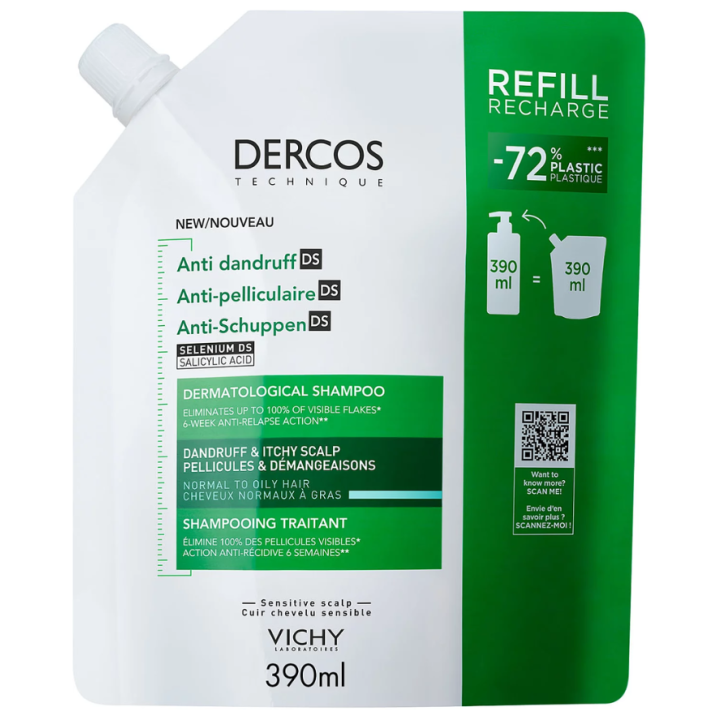 Dercos anti-pelliculaire shampooing traitant cheveux gras Vichy - éco-recharge de 390ml