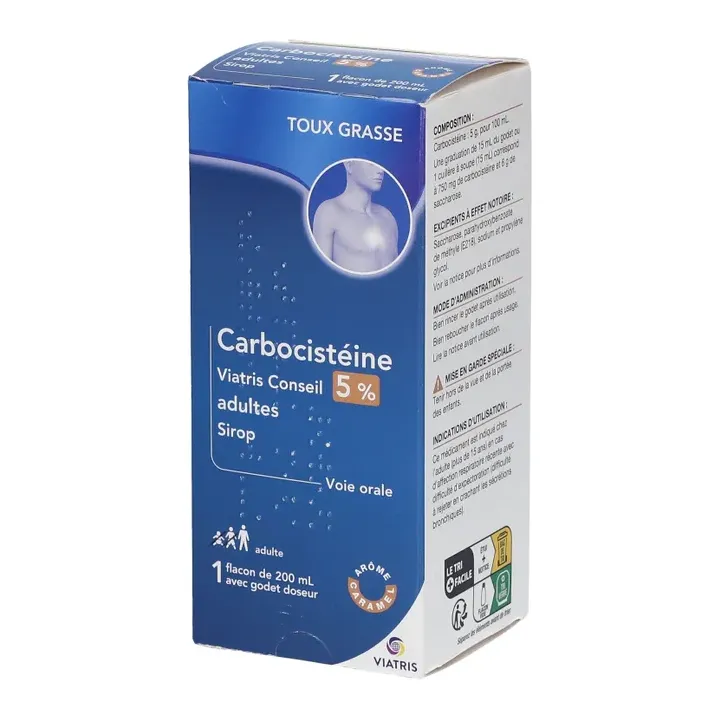 Carbocistéine 5% adultes sirop Viatris - flacon de 200ml