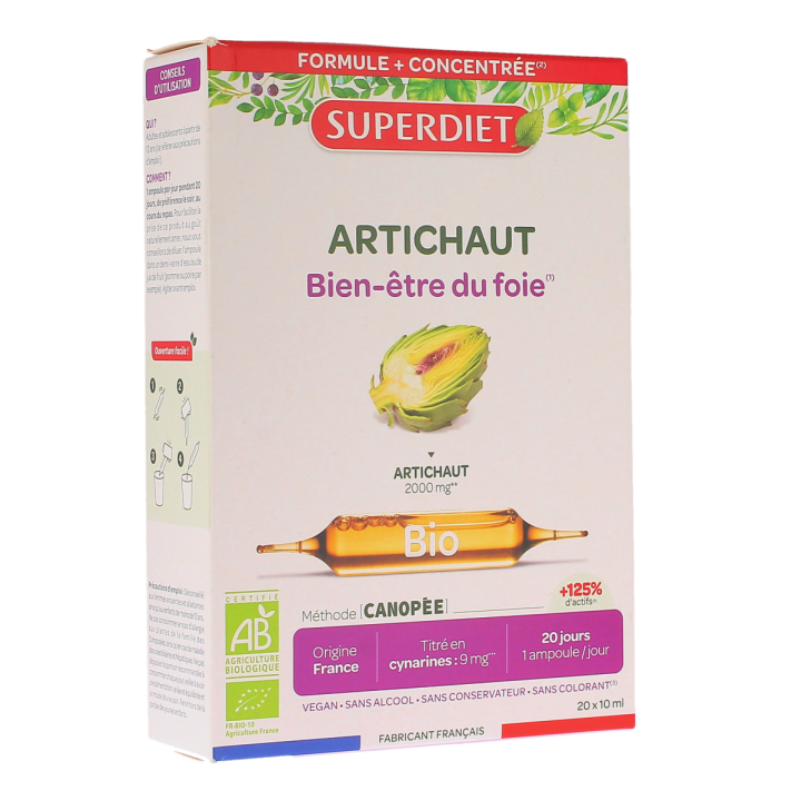Artichaut Bio bien-être du foie Super Diet - boite de 20 ampoules de 10ml
