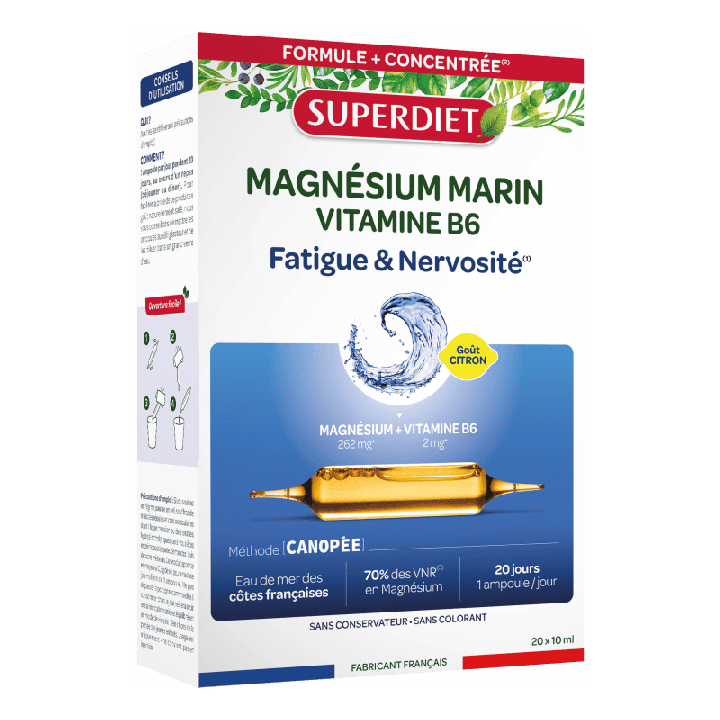 Magnésium marin et vitamine B6 Super Diet - boite de 20 ampoules de 10ml