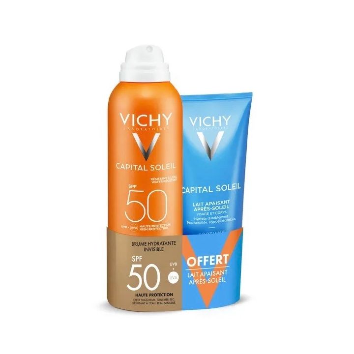Capital Soleil brume hydratante invisible SPF50+ Vichy - spray de 200ml + lait après-soleil 100ml offert