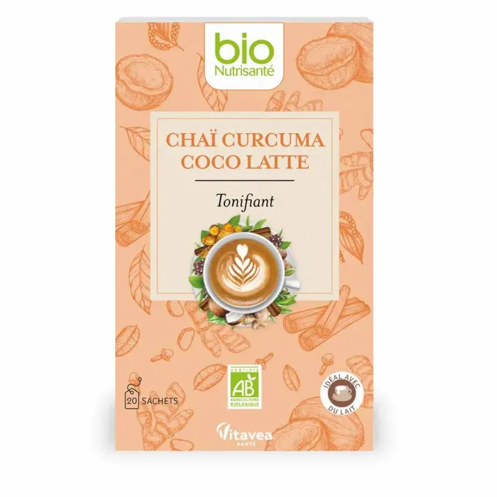 Thé noir chaï curcuma coco latte bio Nutrisanté - boite de 20 sachets