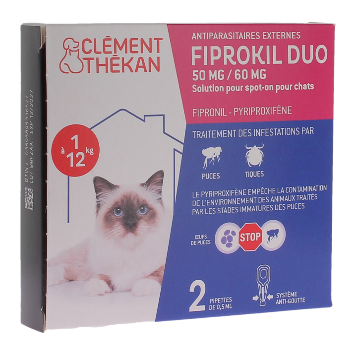 Fiprokil duo antiparasitaire chats 1 à 12kg 50/60mg Clément thékan - boite de 2 pipettes de 0.5ml