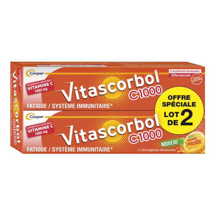 Vitascorbol C1000 vitamine C Cooper - lot de 2 boîtes de 20 comprimés effervescents