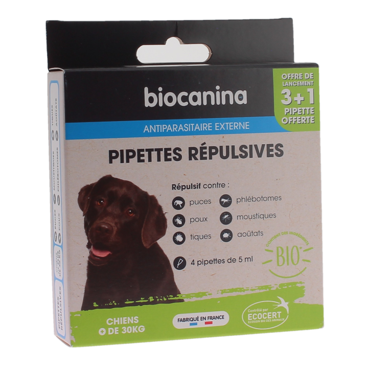 Pipettes répulsives pour chien de plus de 30kg Biocanina - boite de 3 pipettes de 5ml + 1 offerte