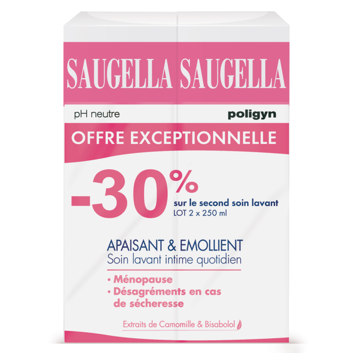 Soin lavant intime quotidien apaisant et émollient Saugella - lot de 2 flacons de 250 ml