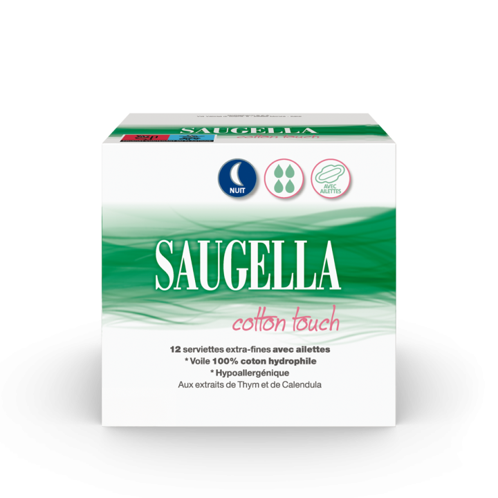 Cotton touch serviette extra-fine avec ailettes nuit Saugella - boite de 12 serviettes