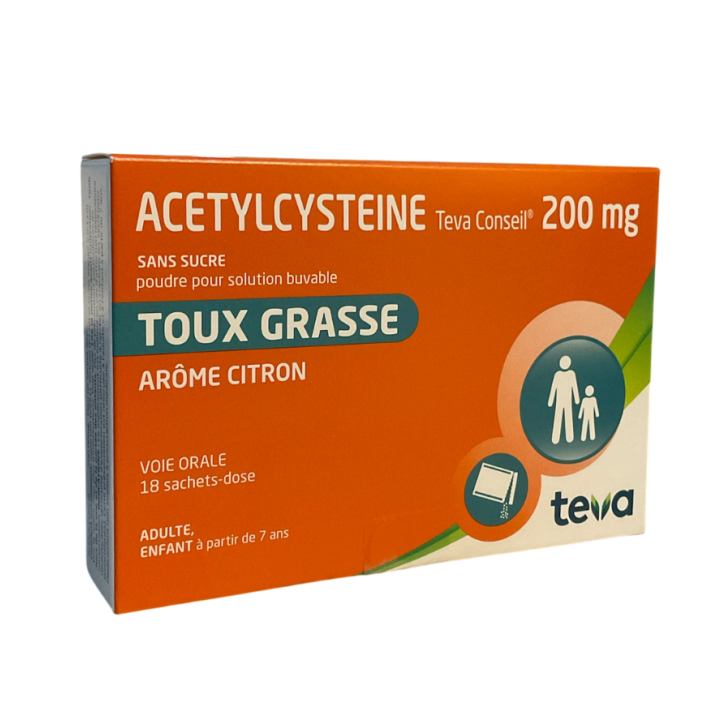 Acétylcystéine 200mg Teva conseil toux grasse - boite de 18 sachets-doses