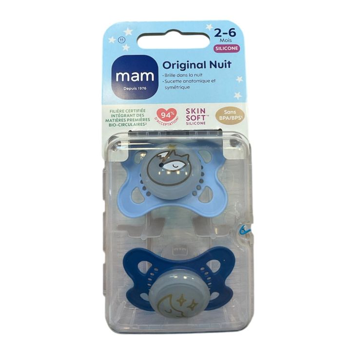 Sucettes anatomiques silicone Original nuit 2-6 mois MAM - lot de 2 sucettes