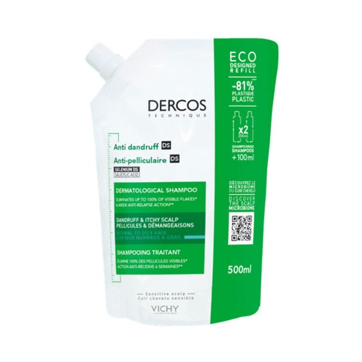 Dercos anti-pelliculaire shampooing traitant cheveux gras Vichy - éco-recharge de 500ml