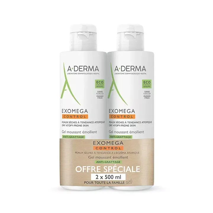 Exomega Control gel moussant émollient anti-grattage A-derma - lot de 2 flacon