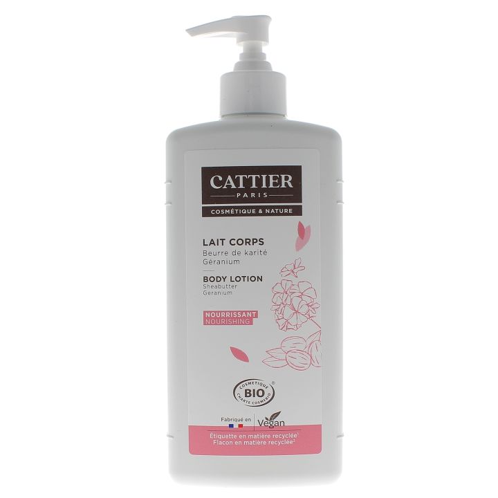 Lait corps nourrissant karité et géranium bio Cattier - flacon-pompe de 500 ml