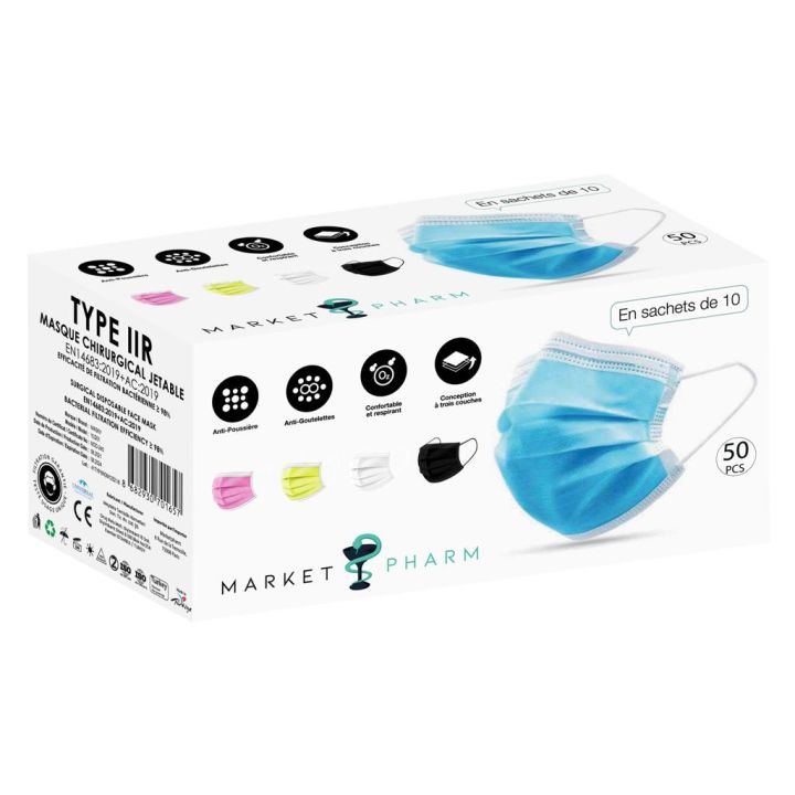 Masques chirurgicaux 3 plis type IIR multicolores - boîte de 50 masques