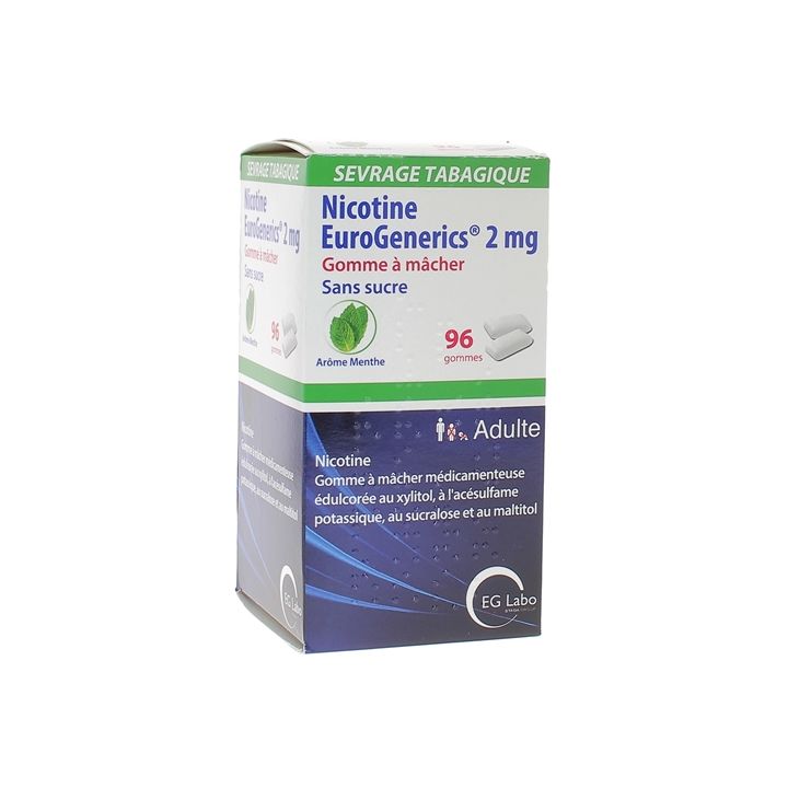 Nicotine EuroGenerics 2mg sans sucre arôme menthe - boîte de 96 gommes à mâcher
