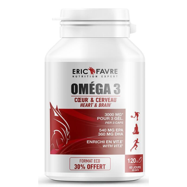 Oméga 3 coeur et cerveau Eric Favre - pot de 120 capsules 30% offert
