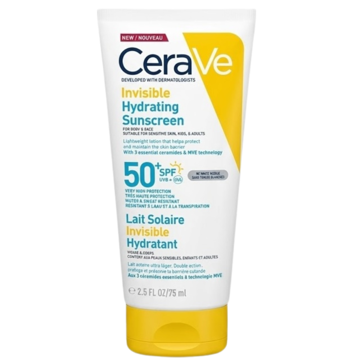Lait solaire invisible hydratant SPF50+ haute protection visage et corps CeraVe - tube de 75ml