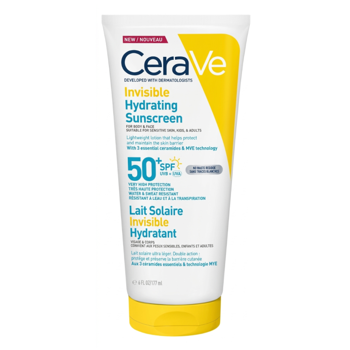Lait solaire invisible hydratant SPF50+ haute protection visage et corps CeraVe - tube de 177ml