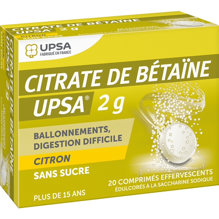 Citrate de betaine 2g citron sans sucre effervescent UPSA - boite de 20 comprimés
