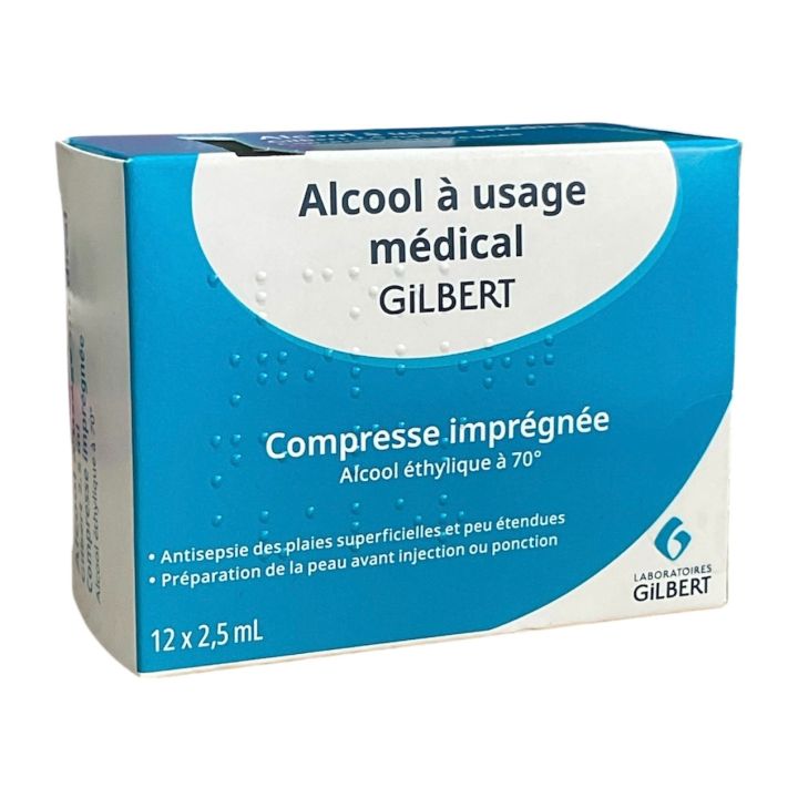 Alcool à usage médical compresse imprégnée Gilbert - 12x2,5ml 
