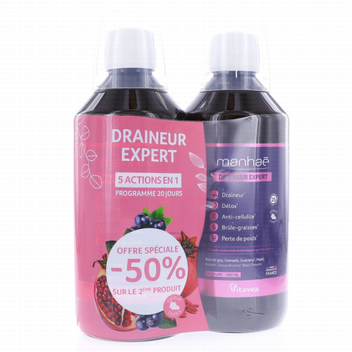 Manhaé draineur expert 5 actions en 1 programme 20 jours Vitavea - Lot de 2 flacons de 500ml le deuxième à -50%