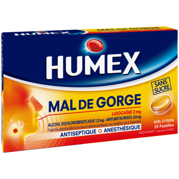 Humex mal de gorge lidocaïne miel citron sans sucre – 24 pastilles