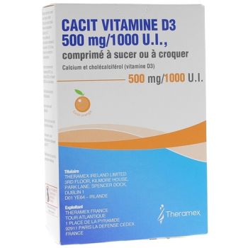 Cacit Vitamine D3 500 mg/1000 UI - boîte de 30 comprimés à croquer ou sucer