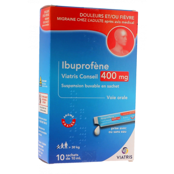 Ibuprofène 400mg arôme fraise Viatris - boîte de 10 sachets de 10ml