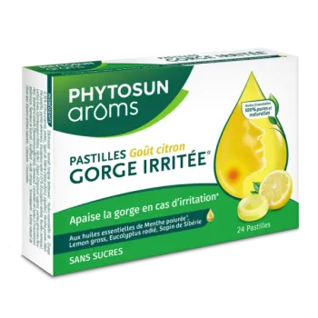 Pastilles gorge irritée sans sucre arôme citron Phytosun arôms - boite de 24 pastilles