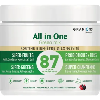 All-in-One Green mix routine bien-être et longévité goût fruits rouges Granions - pot de 146g