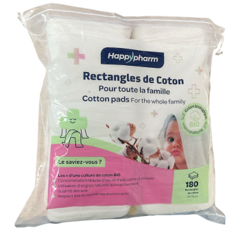 Rectangles de coton Bio Happypharm - sachet de 180 cotons 8x10cm