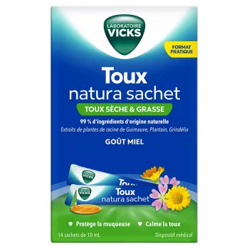 Toux natura sirop toux sèche et grasse goût miel Vicks - boîte de 14 sachets de 10ml