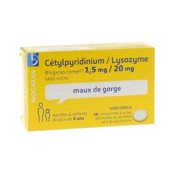 Cétylpyridinium Lysozyme 1,5 mg / 20 mg Biogaran - 36 comprimés à sucer