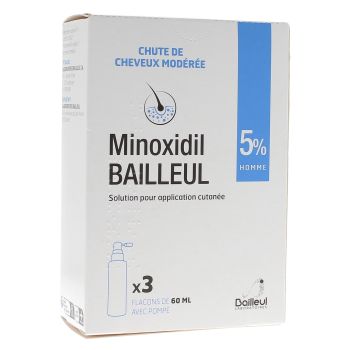 Minoxidil Bailleul 5% solution pour application cutanée Homme - 3 flacons de 60ml