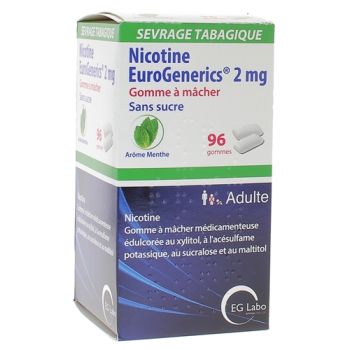 Nicotine EuroGenerics 2mg sans sucre arôme menthe - boîte de 96 gommes à mâcher