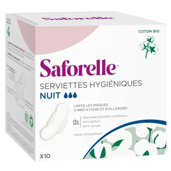 Serviettes hygiéniques nuit en coton bio Saforelle - boîte de 10 serviettes