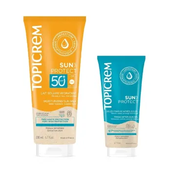 Sun Protect lait solaire hydratant SPF50+ Topicrem - tube de 200ml + gelée fraîche 50ml offerte