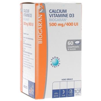 Calcium vitamine D3 Biogaran 500mg/400 UI - Boîte de 60 comprimés à sucer