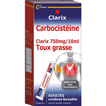 Carbocistéine clarix 750mg/10ml toux grasse Cooper - 15 sachets de 10ml