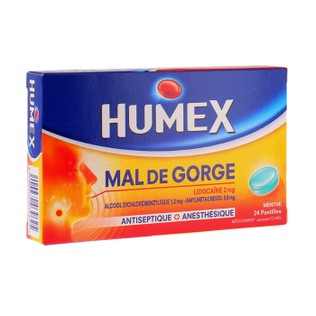 Humex mal de gorge lidocaïne 2mg menthe - boite de 24 pastilles 
