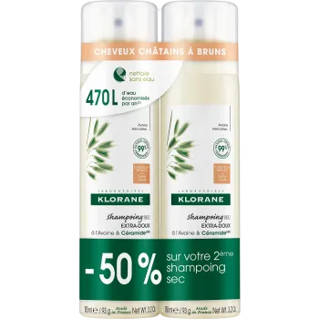 Shampoing sec extra-doux teint&eacute; cheveux ch&acirc;tains &agrave; bruns Klorane - lot de 2 sprays de 150ml