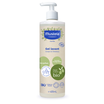 Gel lavant corps et cheveux sans parfum bio Mustela - flacon-pompe de 400 ml