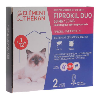 Fiprokil duo antiparasitaire chats 1 à 12kg 50/60mg Clément thékan - boite de 2 pipettes de 0.5ml