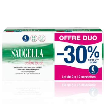 Cotton Touch Serviettes extra-fines avec ailettes nuit Saugella - lot de 2 boîtes de 12 serviettes