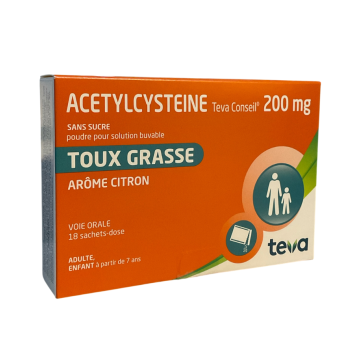 Acétylcystéine 200mg Teva conseil toux grasse - boite de 18 sachets-doses