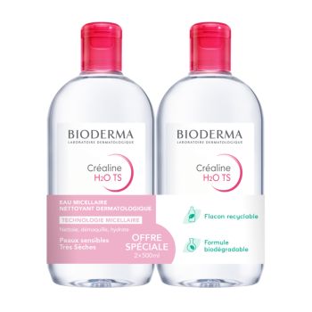 Eau micellaire Créaline TS H20 Bioderma - lot de 2 flacons de 500 ml